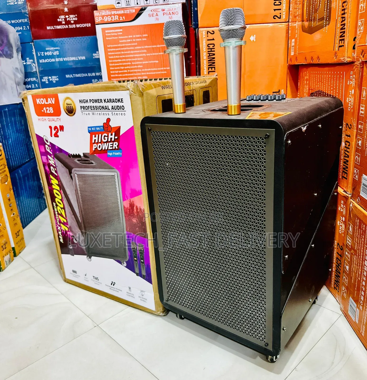 Kolav-128 High Power Karaoke Professional Audio Speaker With 2 Mics
