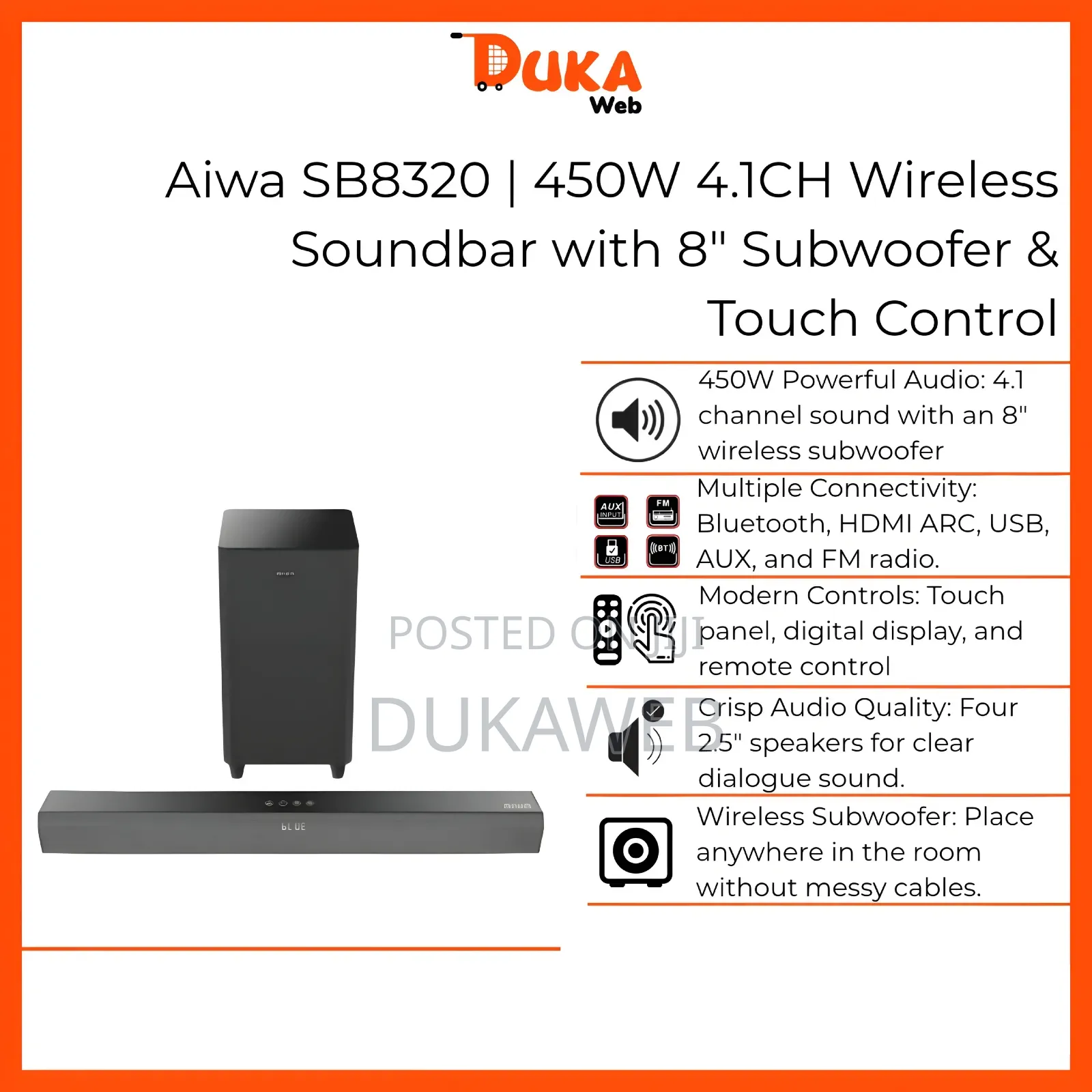 Aiwa Sb8320 450w 4.1ch Wireless Soundbar With 8" Subwoofer