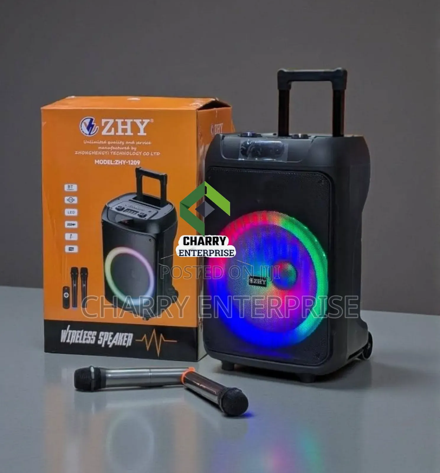 Zhy 1209 Rechargeable Wireless Speaker 2 Mic Matangazo Ya Biashara N.K