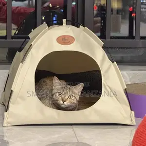 Beige Cat Camping Tent Indoor Pet House With Hanging Ball Toy