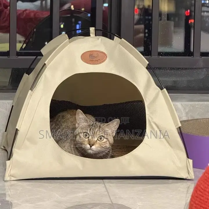 Beige Cat Camping Tent Indoor Pet House With Hanging Ball Toy
