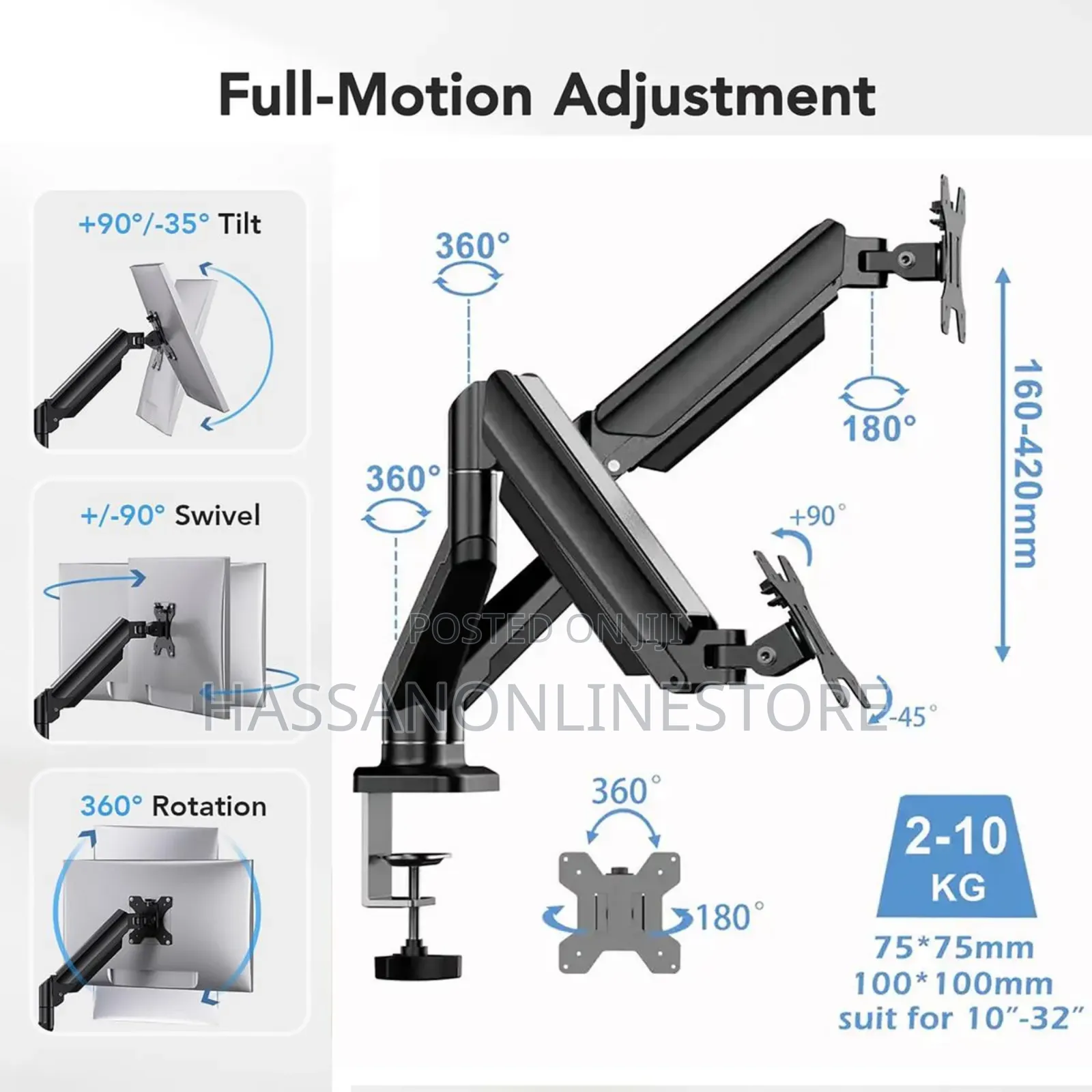 Dual Monitor Arm Mount 27" - No Drooping Full Motion Adjustable Stand
