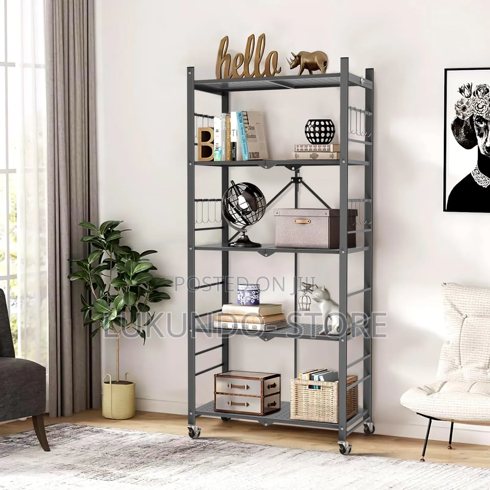 5 Tier Kitchen Storage Rack Metal Frame With Wooden Shelves