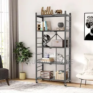 5 Tier Kitchen Storage Rack Metal Frame With Wooden Shelves