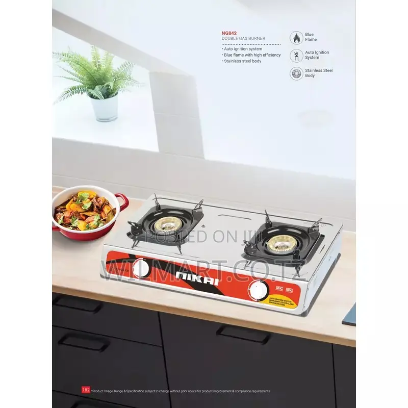 Nikai Gas Cooker 2 Burner Steel Ng842 Stainless Steel Auto Ignition
