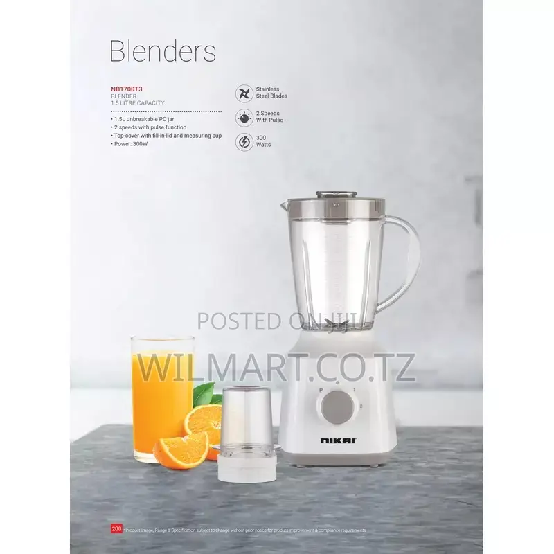 Nikai Blender 1.5l With Dry Grinder 300w Nb1700t3 Unbreakable Jar
