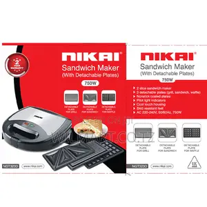 Nikai Sandwich Toaster 2 Slice 3 in 1 Waffle Grill and Sandwich 750w