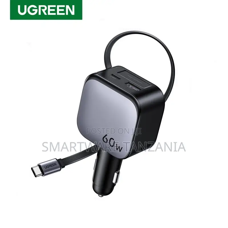 Ugreen 60w Usb C Car Charger Retractable Cable 3 Port Fast Charging