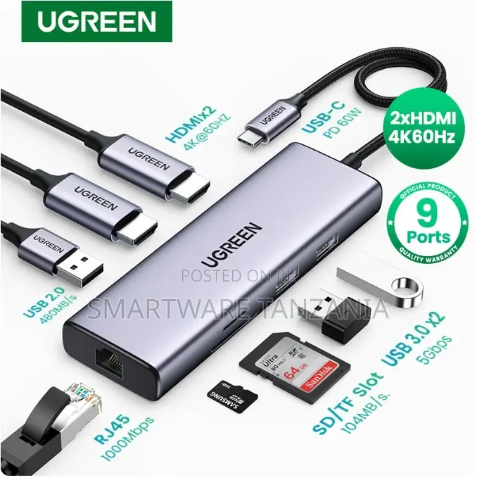 Ugreen 9 in 1 Usb C Ethernet Adapter - Hdmi Pd 60w Docking Hub