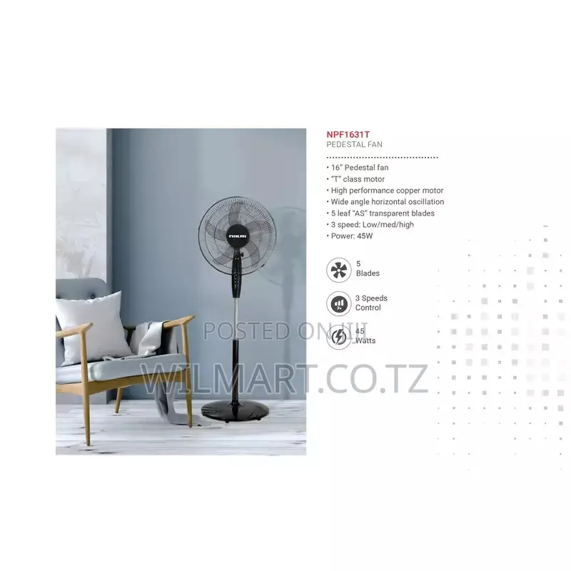 Nikai Stand Fan 16 Inch Padestal Fan 5 Blades 45w Npf1631t Wide Angle