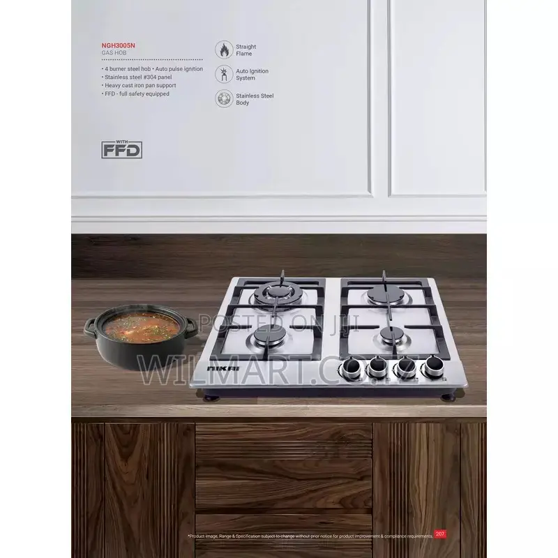 Nikai Gas Cooker 4 Burner Steel Built in Hob 50x45x25 Ngh3005n
