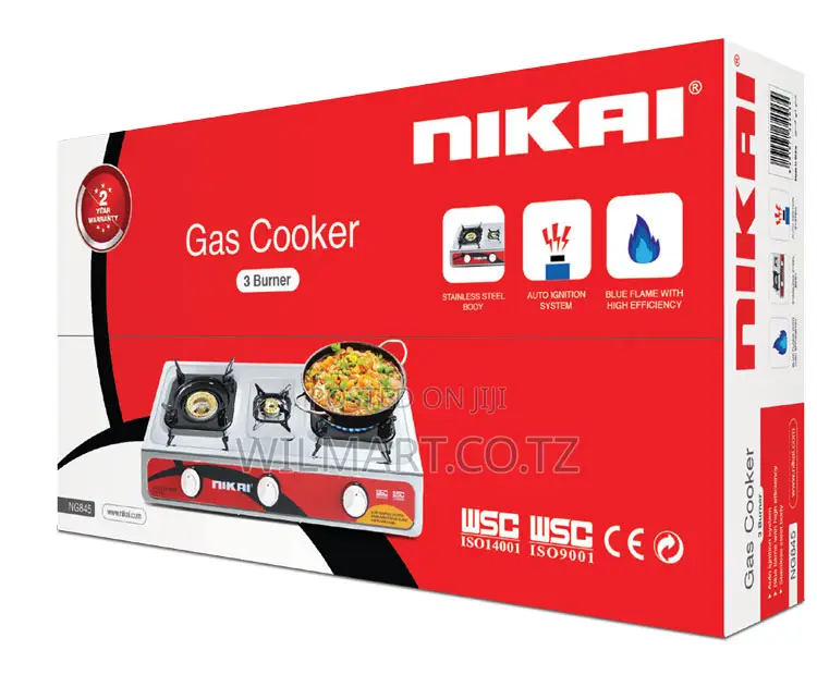 Nikai Gas Cooker 3 Burner Steel Ng845 Stainless Steel Auto Ignition Sy