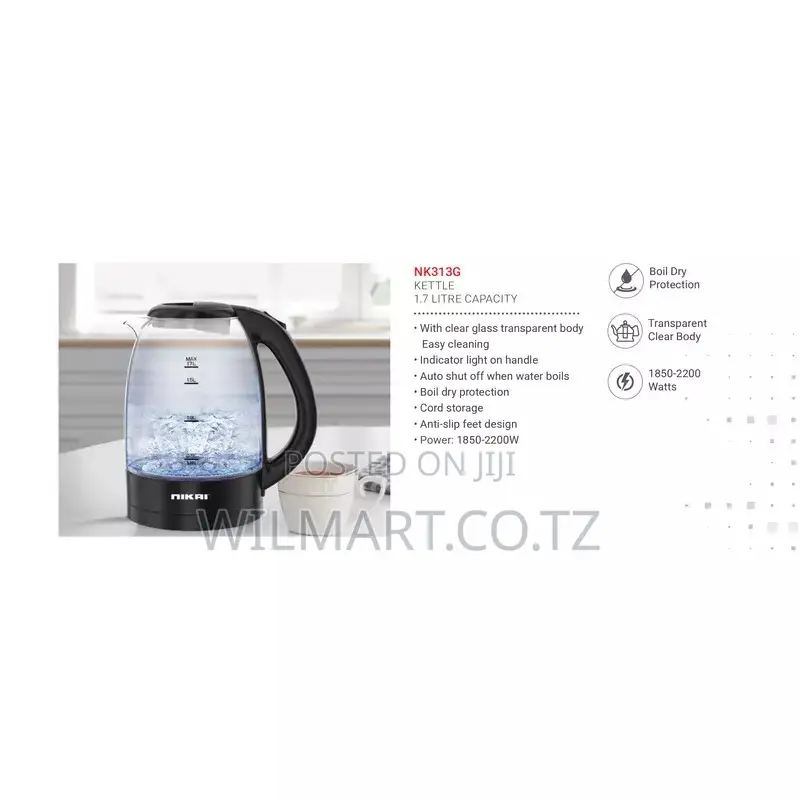 Nikai Jug Kettle 1.7l Glass With Cord Storage 2200w Nk313g Automatic
