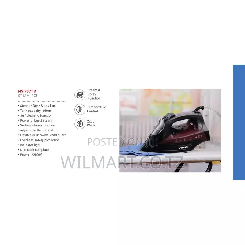Nikai Steam Iron 360ml Tank Dry and Spray Function 2200w Nsi707ts Temp