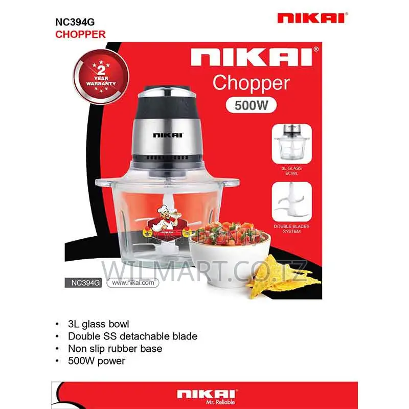 Nikai Chopper 3l Glass Bowl 500w Nc394g Stainless Steel Blades 2 Speed