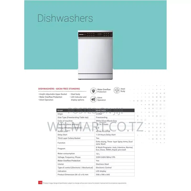 Nikai Dish Washer 60cm 14 Plates Ndw158ss Free Standing 8 Programs