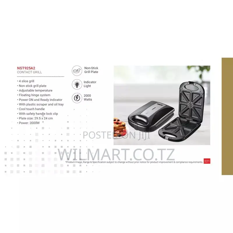 Nikai Sandwich Toaster 4 Slice Plate Size 29.5x24cm 1400w Nst925a2