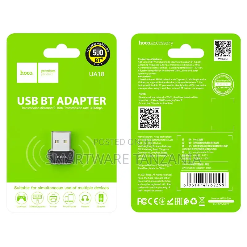 Hoco Ua18 Usb Bluetooth 5.0 Adapter Wireless Dongle 3.0 Mbps