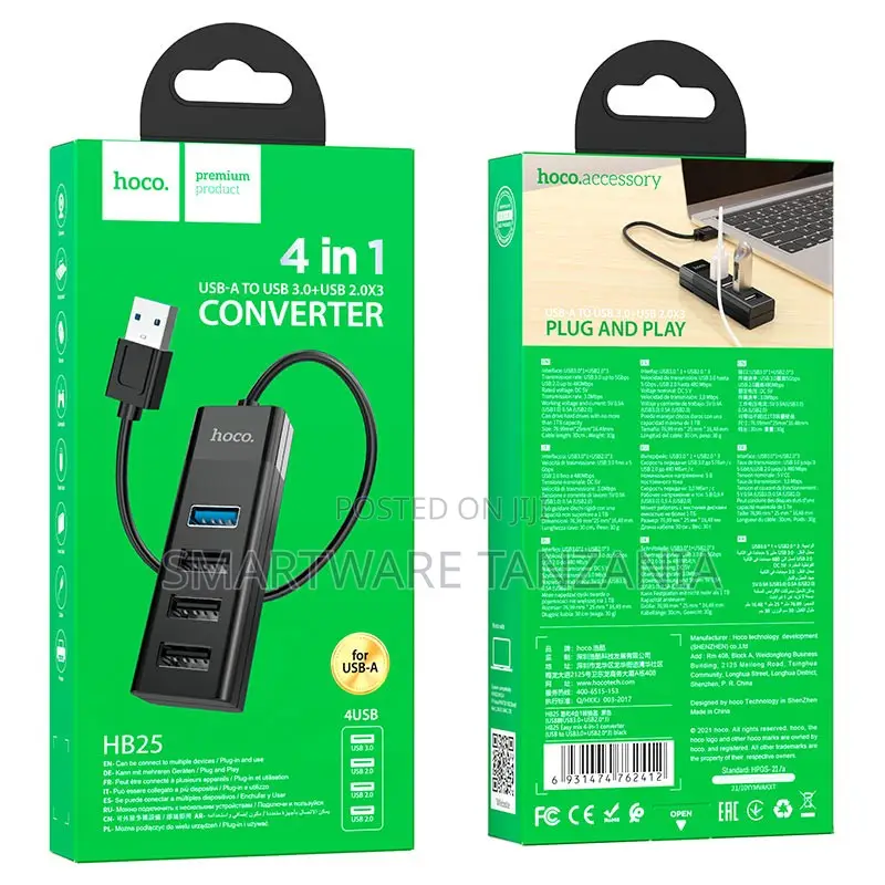 Hoco Hb25 4-in-1 Usb Hub Converter Type-a To Usb 3.0 And 2.0 Ports