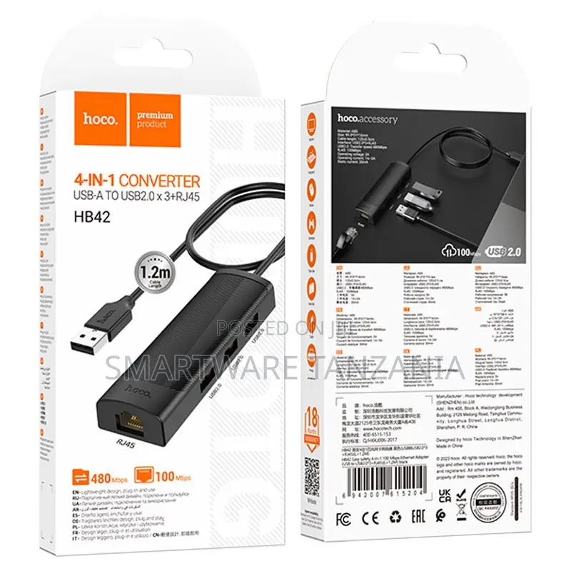 Hoco Hb42 Usb-a to Usb2.0 Rj45 Ethernet 4-in-1 Hub 100mbps Lan