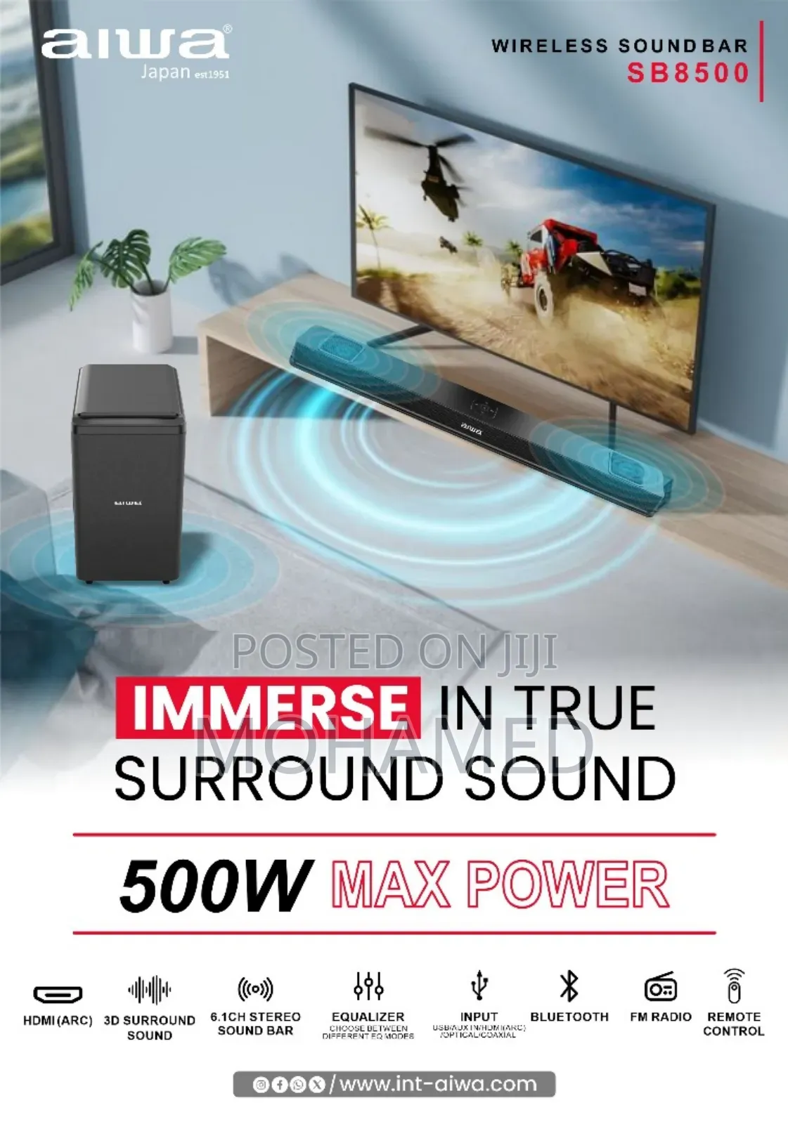Aiwa Wireless Soundbar Sb8500 500w Max Power