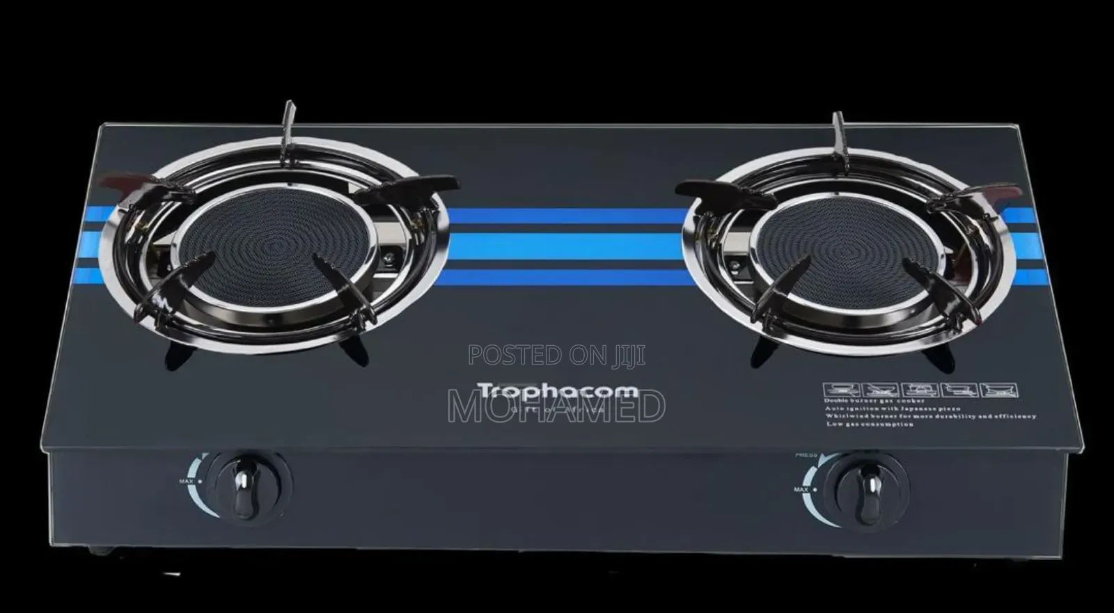 Trophacom Double Burner Glass Gas Cooker (Blue Design)