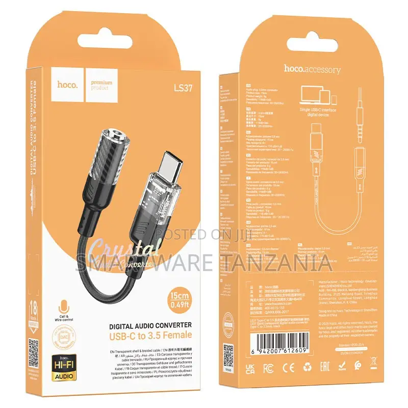 Hoco Ls37 Crystal Usb-C to 3.5mm Audio Adapter 15cm Digital Dac