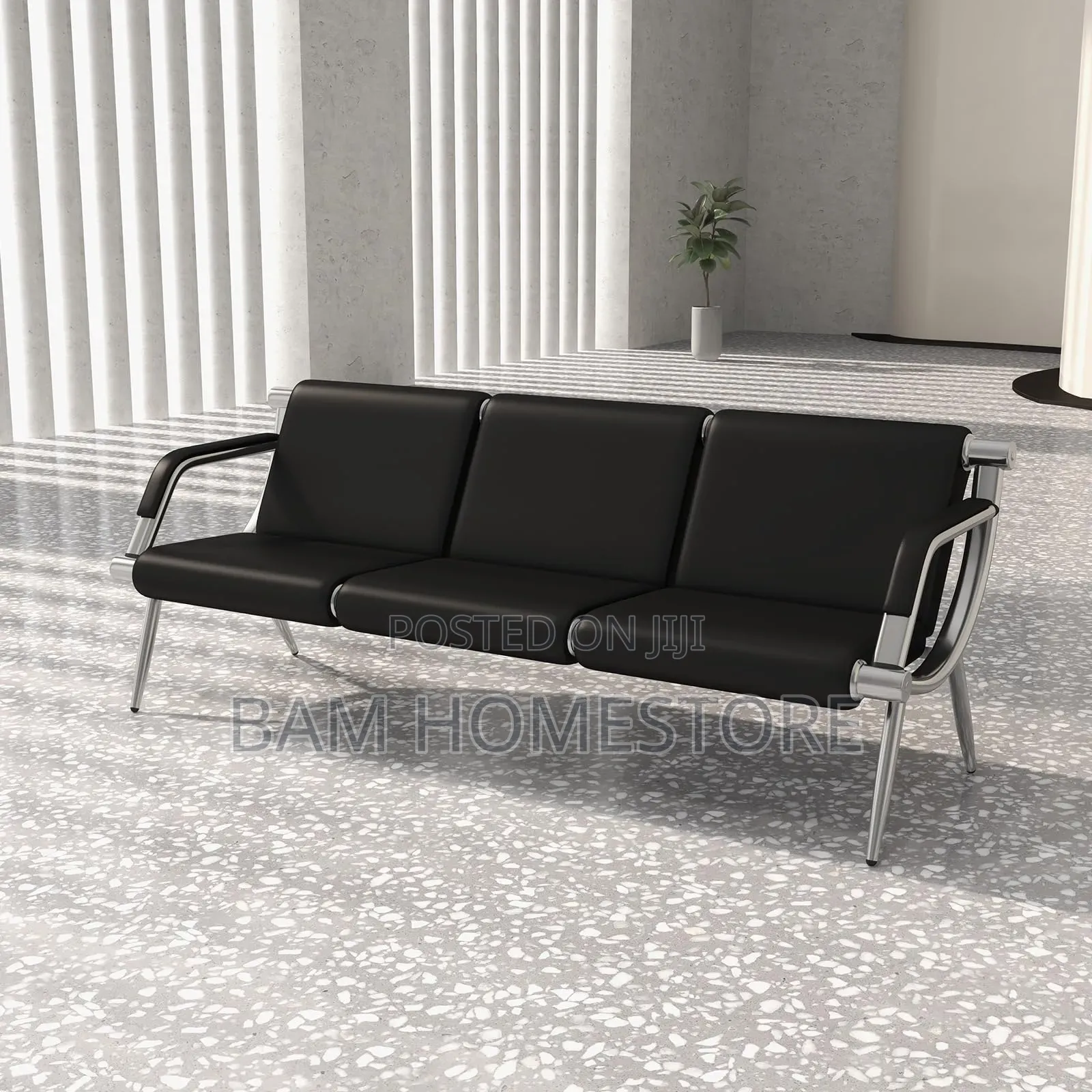 Executive Black Leather Waiting Sofa - 3 Seater Office Reception Bench