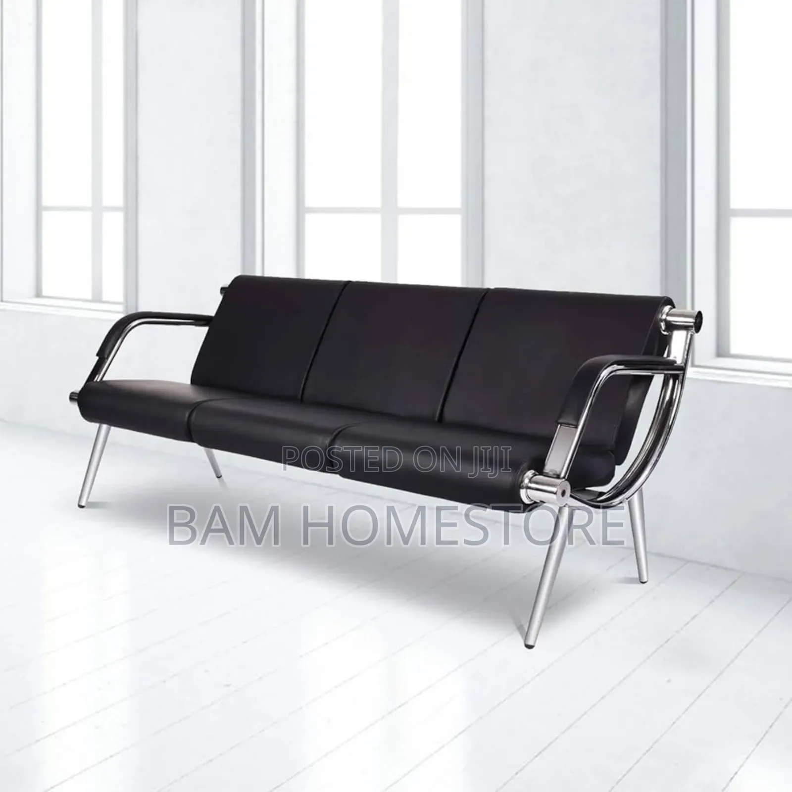 Executive Black Leather Waiting Sofa - 3 Seater Office Reception Bench