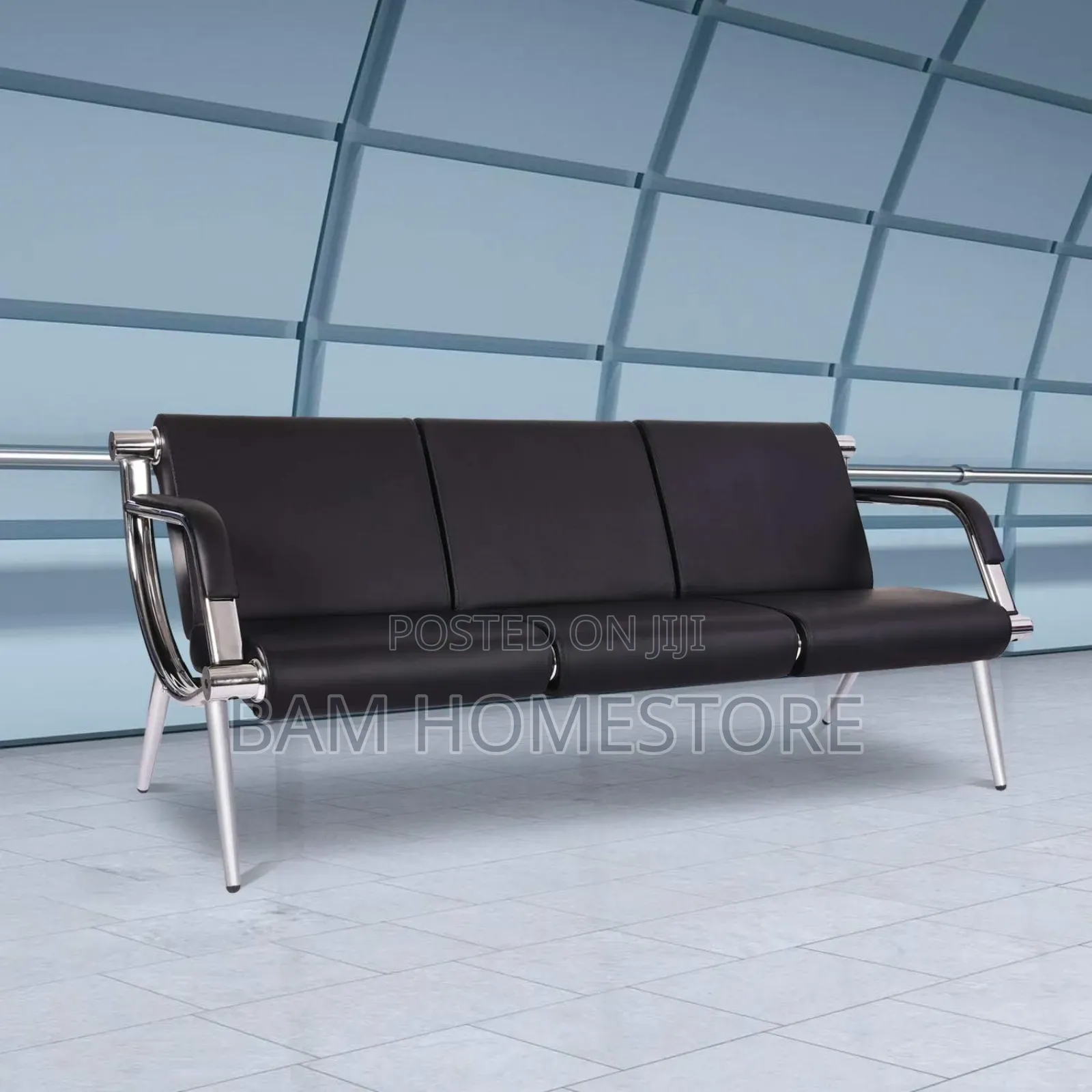 Executive Black Leather Waiting Sofa - 3 Seater Office Reception Bench