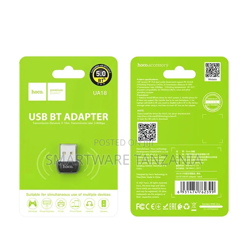 Hoco Ua18 Usb Bt 5.0 Adapter Wireless Dongle Transmitter 3.0mbps 10m