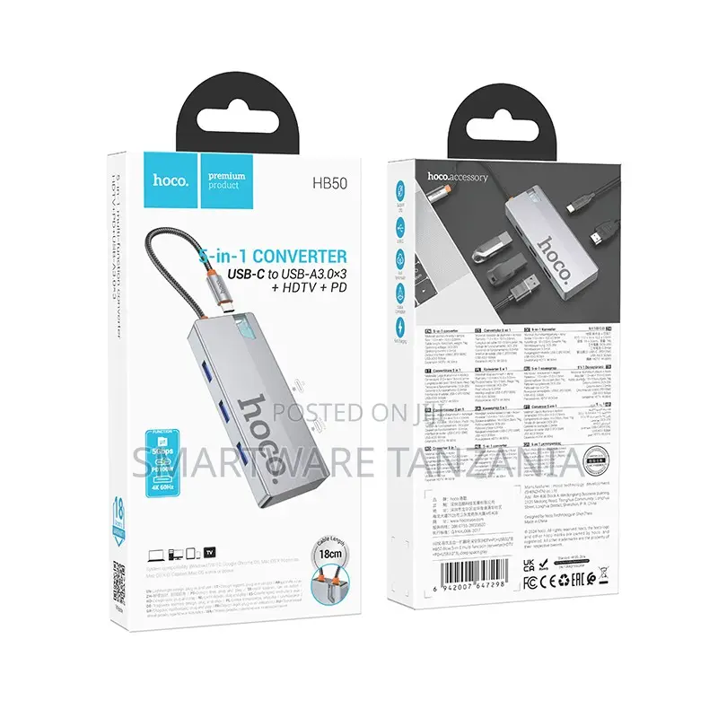 Hoco Hb50 6-in-1 Usb-C to Usb-a 3.0x3 HDTV Pd Converter Hub 18cm Cable