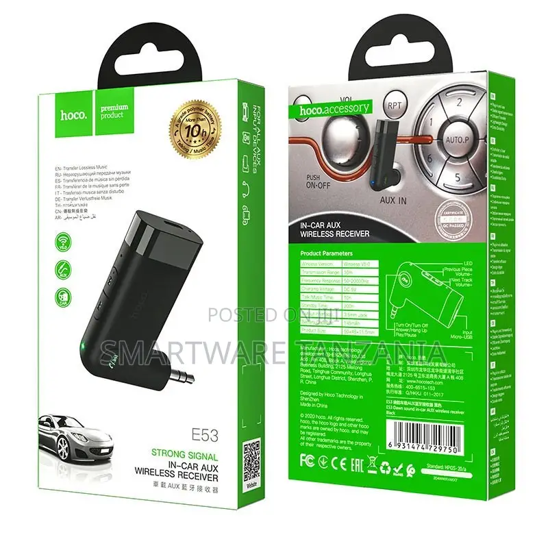 Hoco E53 Strong Signal in-Car Aux Wireless Receiver Bt 5.3 3.5mm Audio