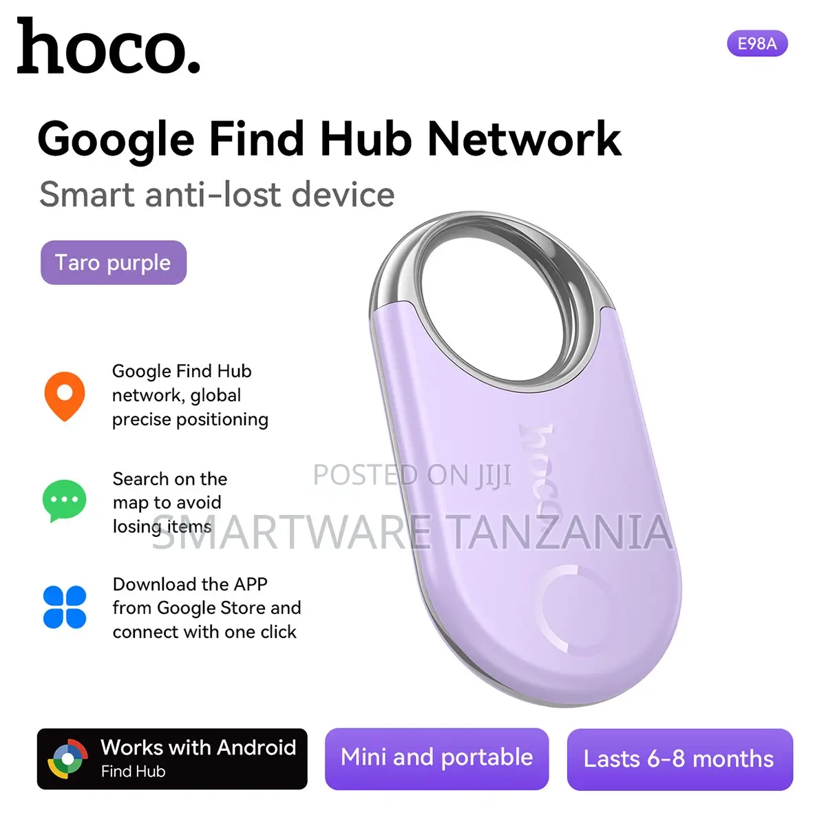 Hoco E98a Google Find Hub Tracker Taro Purple Mini Portable 6-8m
