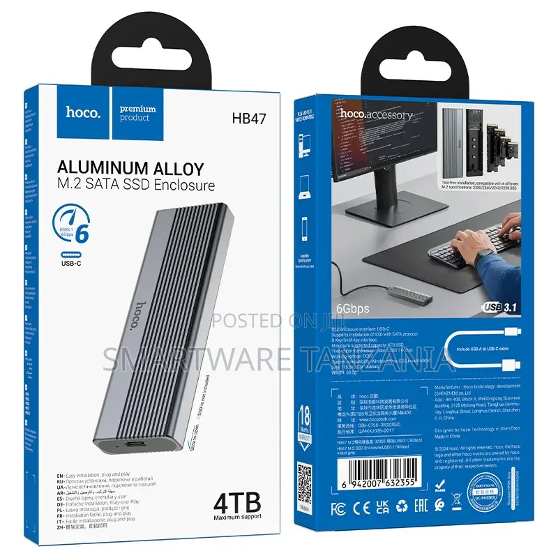 Hoco Hb47 Aluminum Alloy M.2 Sata SSD Enclosure Usb-C 6gbps 4tb Max
