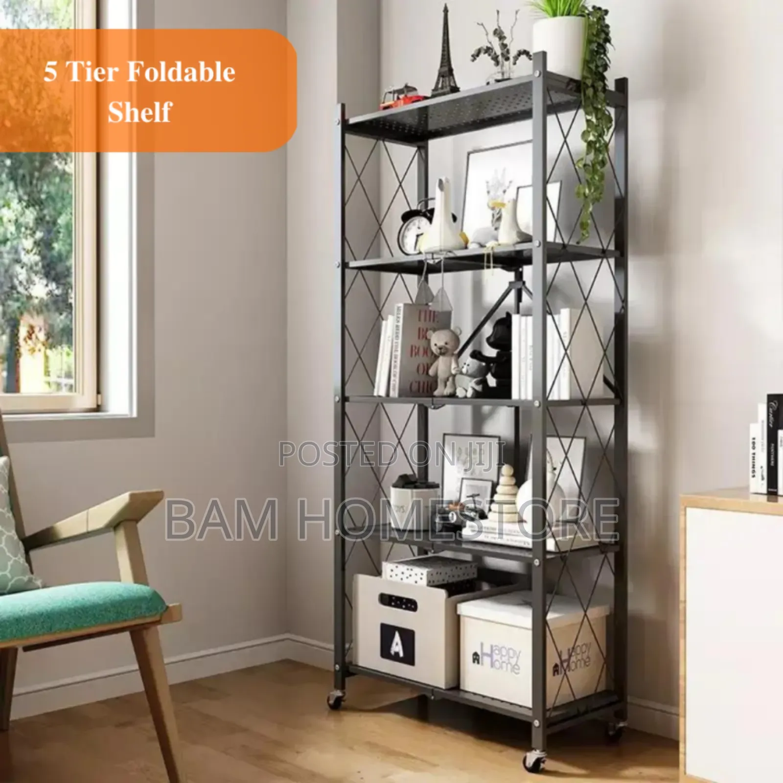 5-Tier Folding Storage Rack With Wheels/ Movable Organizer