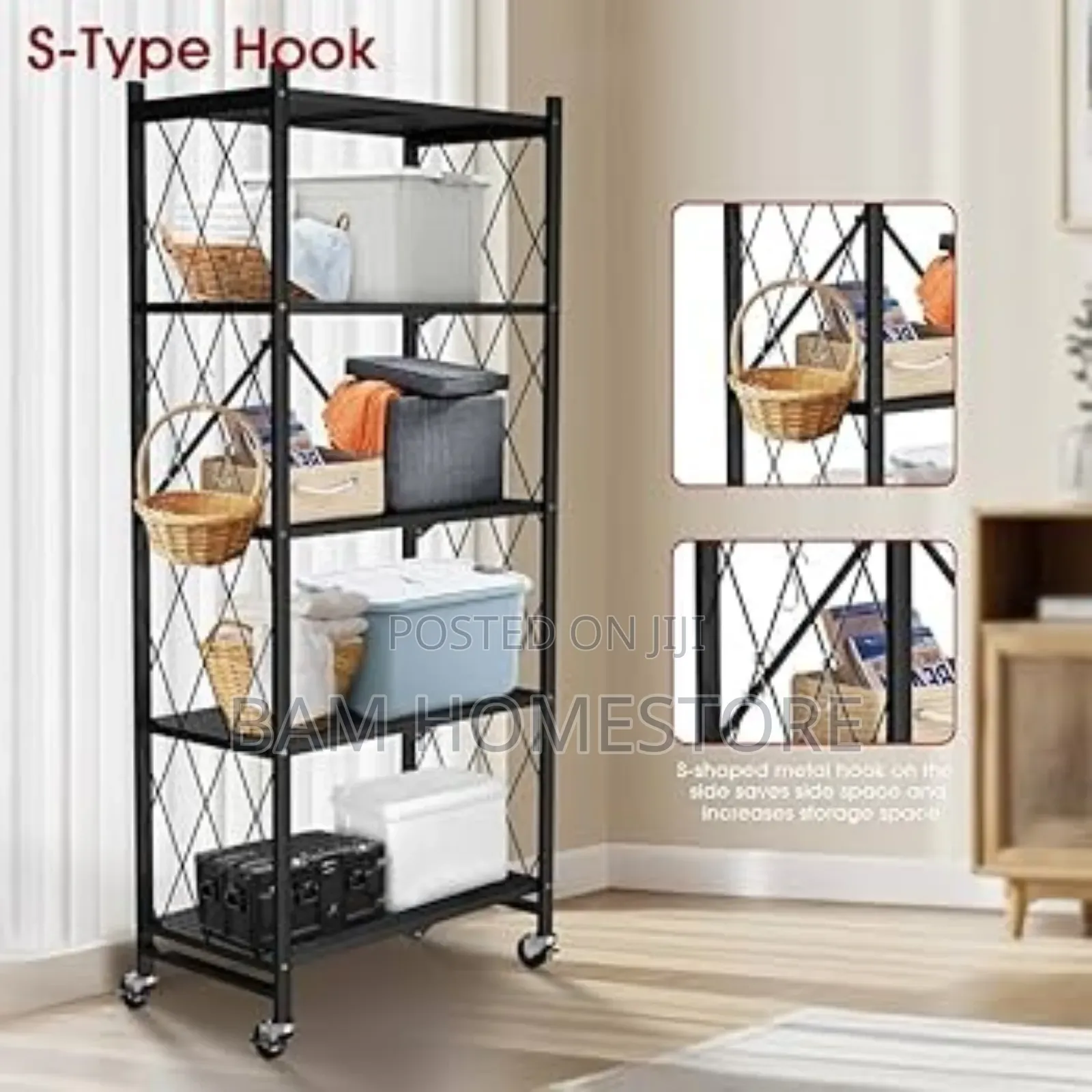 5-Tier Folding Storage Rack With Wheels/ Movable Organizer