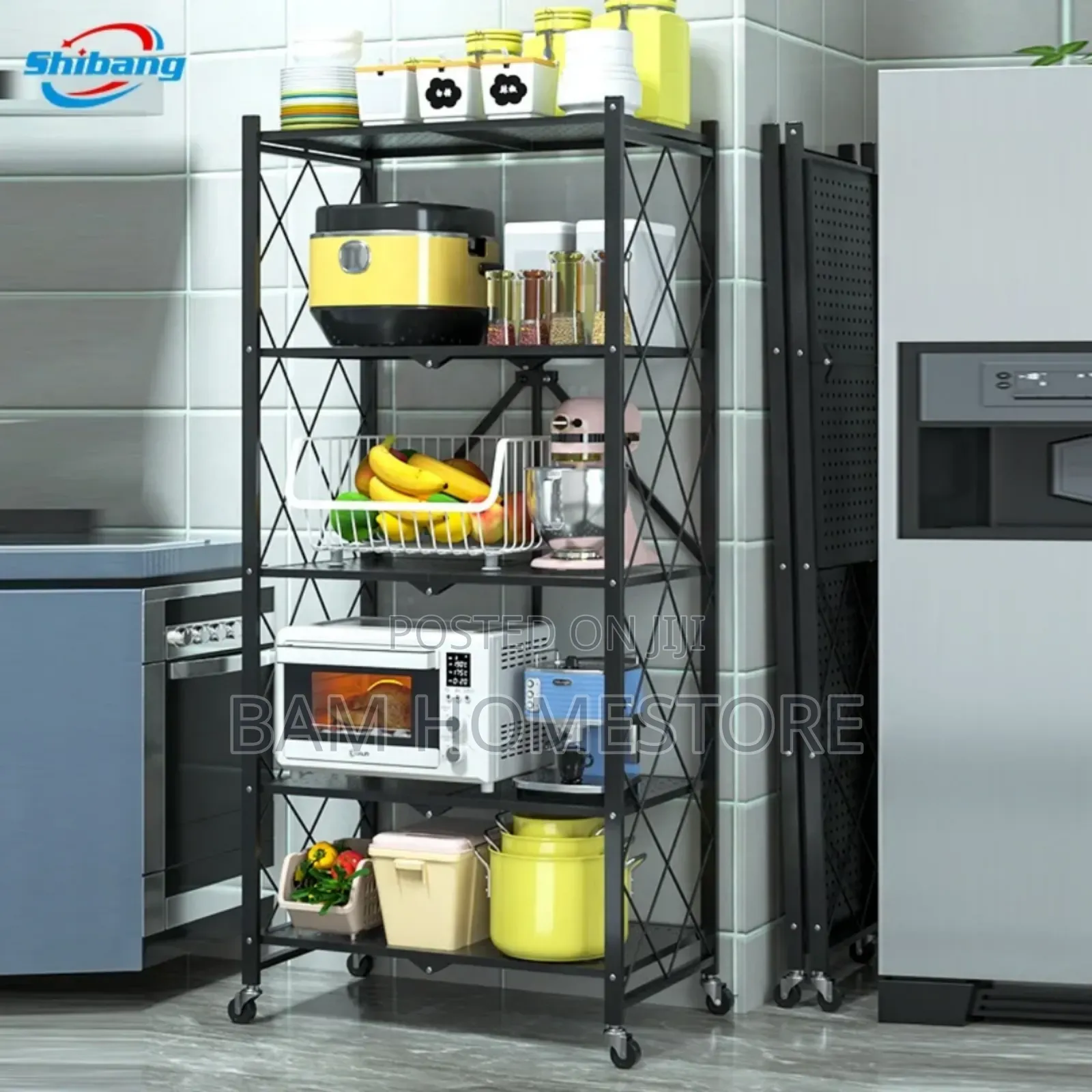 5-Tier Folding Storage Rack With Wheels/ Movable Organizer