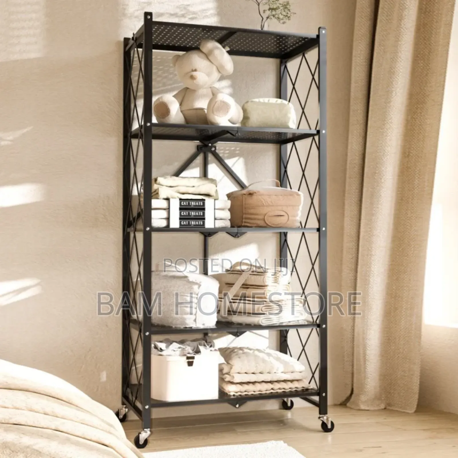 5-Tier Folding Storage Rack With Wheels/ Movable Organizer