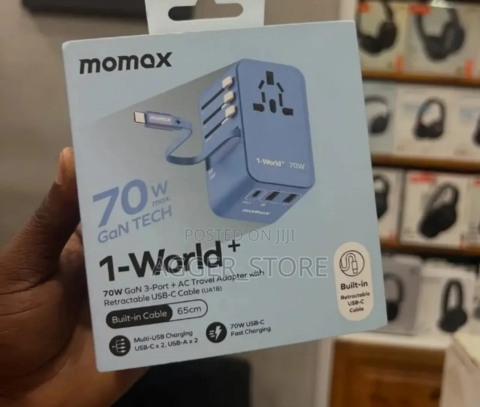 Momax 1-World+ 3-Port Travel Gan Charger With Built-In Usb-C Cable 70w