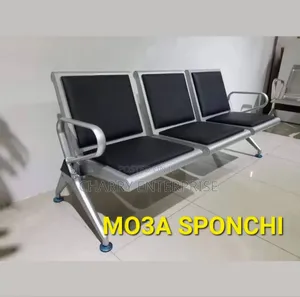 3 Seater Waiting Room Bench Chair With Metal Frame And Black Cushions.