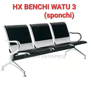 Three Seater Stainless Steel Waiting Chair With Black Cushioned Seats