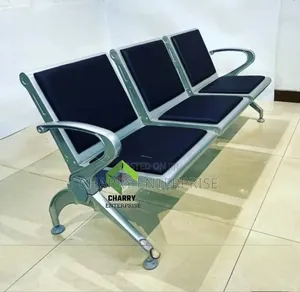 3 Seater Waiting Room Bench Chair With Metal Frame And Black Cushions.