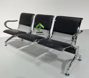 Three Seater Stainless Steel Waiting Chair With Black Cushioned Seats