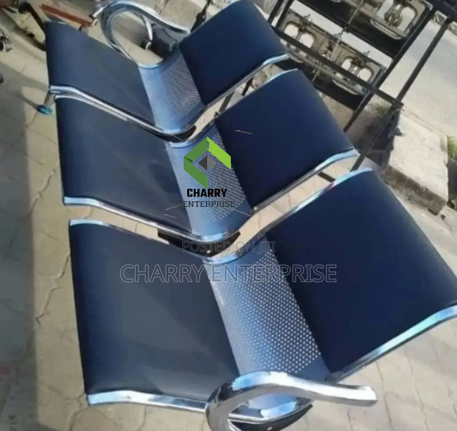 Three Seater Stainless Steel Waiting Chair With Black Cushioned Seats
