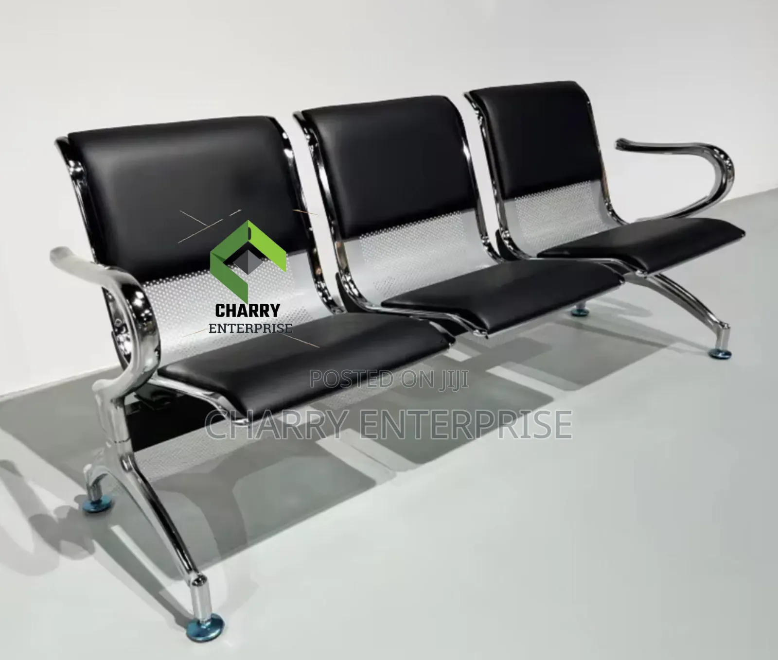 Three Seater Stainless Steel Waiting Chair With Black Cushioned Seats