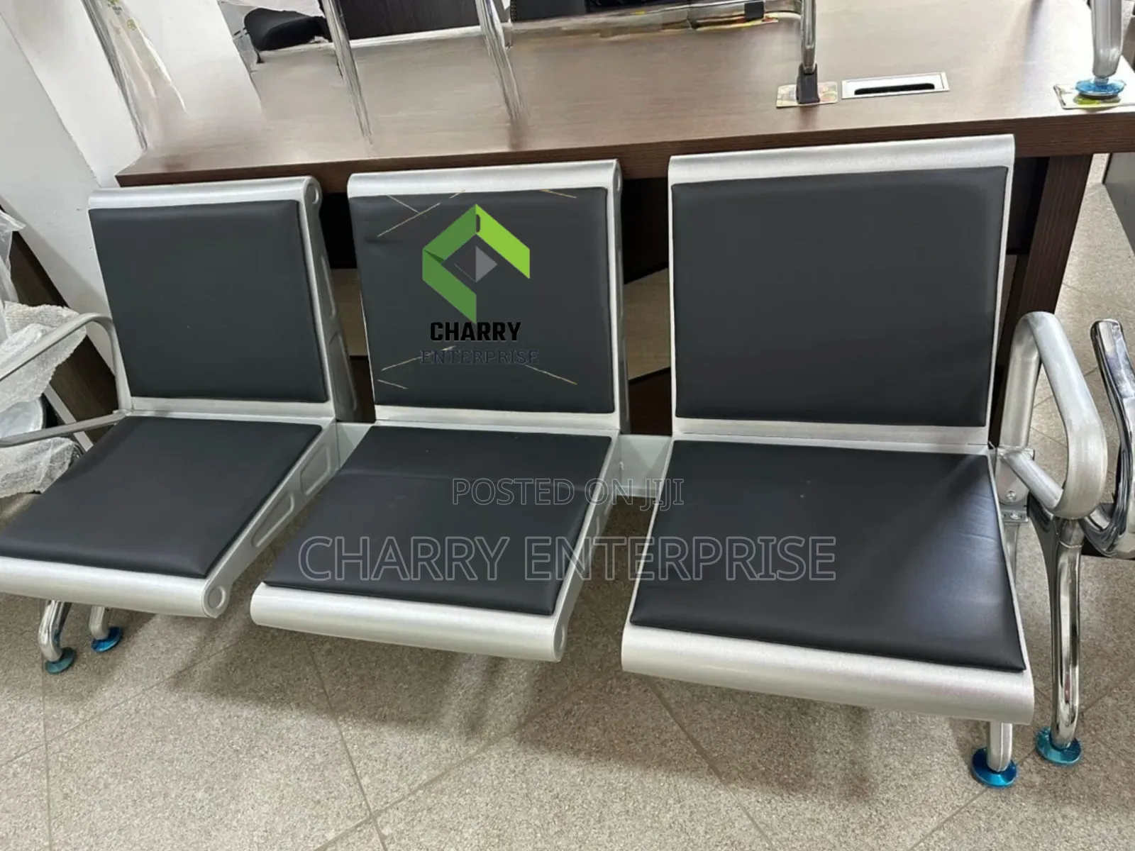 3 Seater Waiting Room Bench Chair With Metal Frame And Black Cushions.