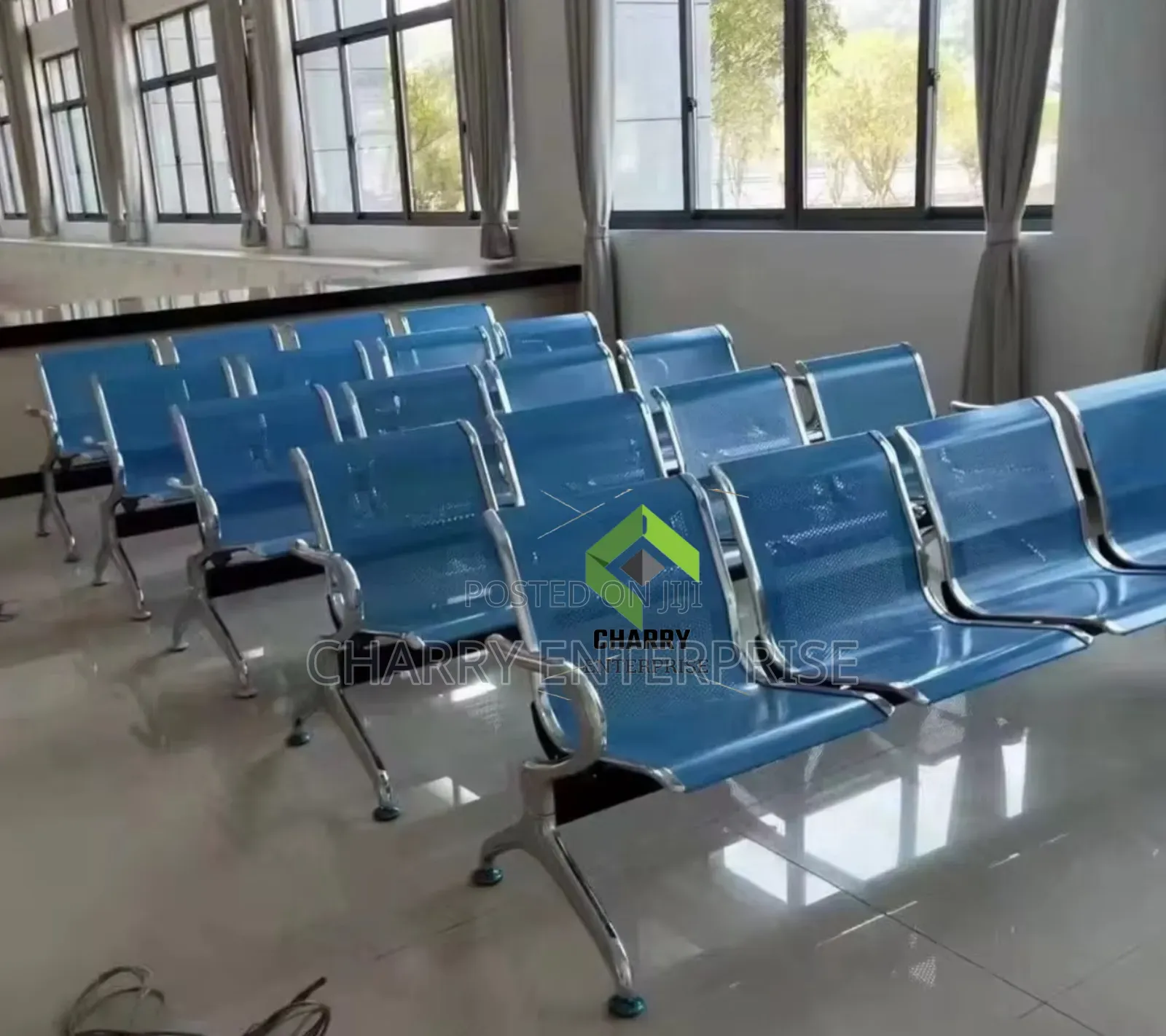 Three-seater Blue Metallic Airport Or Reception Waiting Bench Or Chair