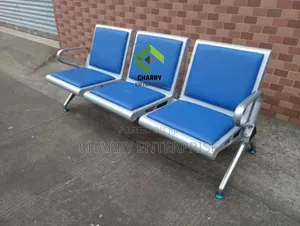3 Seater Waiting Room Bench Chair With Metal Frame And Black Cushions.
