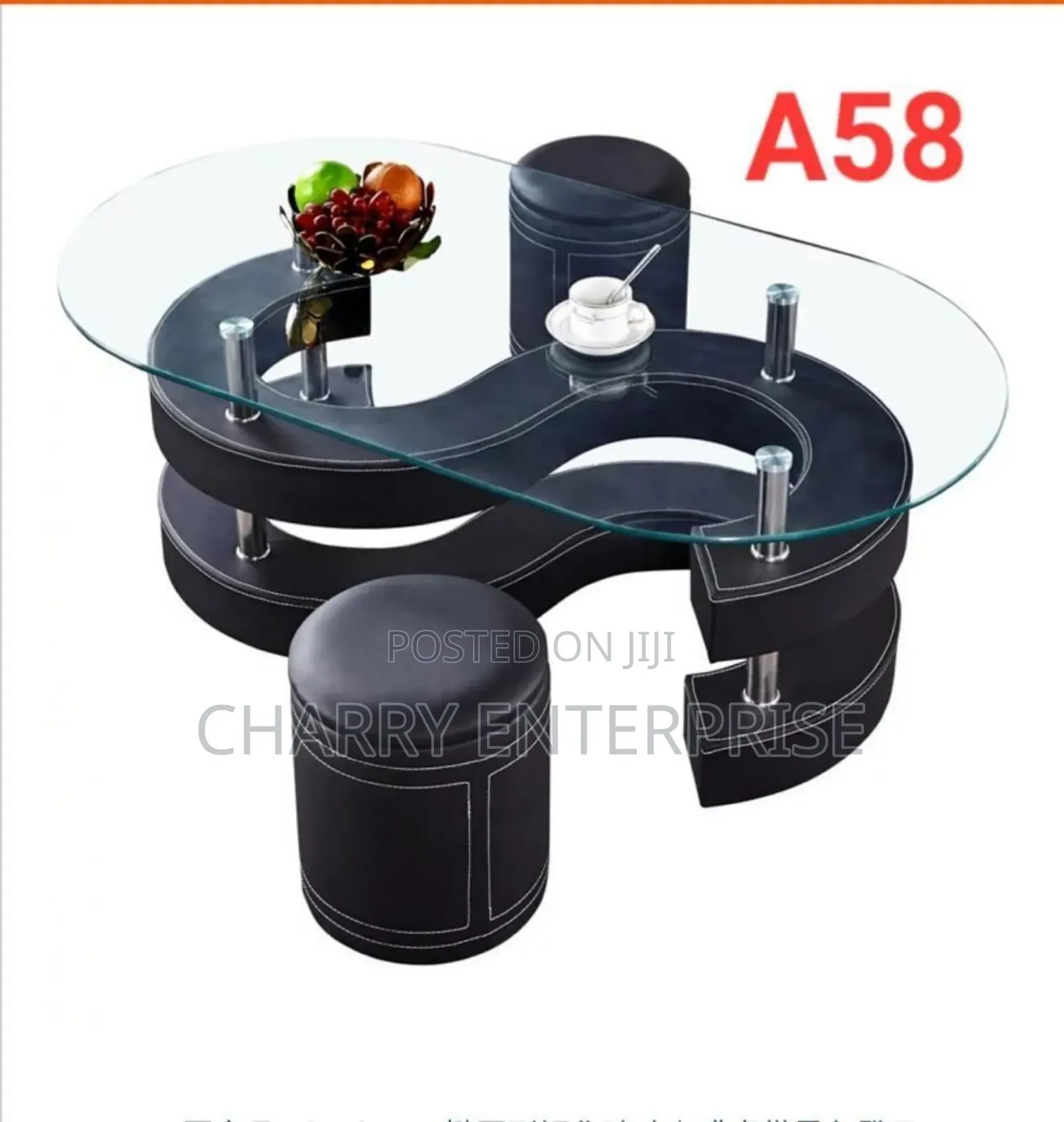 Tempered Glass Coffee Table With Two Side Black Leather Stools